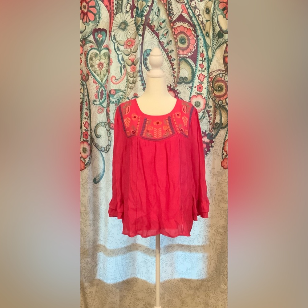 Pink Figueroa & Flower Embroidered Peasant Blouse size Large